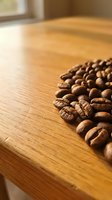 Roasted coffee beans arranged on wooden table with natural sunlight, showcasing rich brown tones and texture for beverage, food, and café design projects.