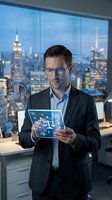 Professional businessman using digital tablet with legal technology interface in modern office overlooking city skyline at dusk for corporate presentations.
