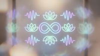 Neon glowing lotus flowers and infinity symbol with sound wave patterns on blurred bokeh background, representing meditation, wellness and spiritual harmony for relaxation designs.