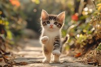 Adorable tabby kitten walking on garden path with raised paw, surrounded by warm autumn foliage and soft natural lighting for pet care content.