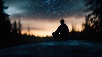 Silhouette of person sitting alone under starry night sky with forest backdrop and golden sunset horizon, creating peaceful contemplative mood.