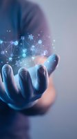 Open hand holding glowing digital network with connected nodes and particles, representing technology, data connection, innovation, and digital transformation for business solutions.
