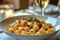 Rigatoni pasta in creamy sauce topped with crispy bacon bits, parmesan cheese and fresh herbs served in white bowl on elegant restaurant table with wine glass.