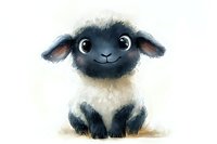 Adorable black and white baby sheep with big expressive eyes and fluffy wool sitting on white background, digital art illustration for children books and nursery decor.