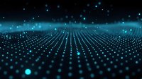 Glowing blue dots forming wave pattern on dark background with floating particles and bokeh effect create futuristic technology landscape.