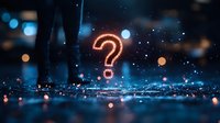 Glowing neon question mark floating above reflective surface with bokeh lights and water drops creating mysterious atmosphere. For business concepts and problem solving.