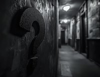 Dark corridor with large question mark on wall and mysterious lighting, creating moody atmosphere for concepts of mystery, uncertainty and psychological themes.