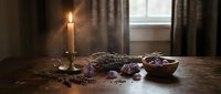 Rustic wooden table with burning candle, dried lavender bundles, purple flowers and ceramic bowls creating cozy aromatherapy spa atmosphere for relaxation.