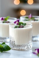 Creamy white cocktail garnished with fresh mint leaves and purple edible flowers in crystal glass, soft bokeh lights background. Elegant drink presentation.