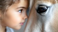 Young girl with long hair in profile view sharing tender moment with white horse, close-up portrait showing eye contact and emotional connection between child and animal.