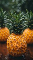 Fresh ripe pineapple with water drops on dark wooden surface against blurred background. Dramatic lighting highlights golden fruit texture and green crown.