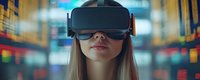 Young caucasian woman wearing virtual reality headset against blurred urban background with bokeh lights and modern architecture. Futuristic technology concept.