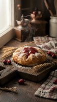 Freshly baked croissant with berry jam on rustic wooden board in cozy kitchen setting with warm natural lighting for breakfast and bakery concepts.