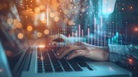 Hands typing on laptop keyboard with financial charts, stock market data visualization and glowing bokeh lights overlay for business analytics background.