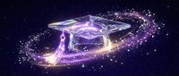 Glowing graduation cap with magical purple light trails and sparkling particles on dark starry background for education achievement celebration designs.