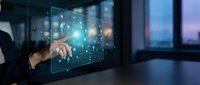 Businessman touching glowing virtual screen with network arrows, digital technology concept in dark modern office environment.