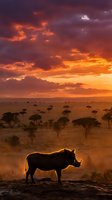 Majestic warthog silhouetted against dramatic sunset sky in African savanna landscape with acacia trees scattered across golden plains for wildlife photography.