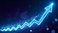 Glowing blue digital arrow trending upward with data analytics icons and particles on dark background representing business growth and financial success.