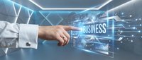Businessman hand touching glowing business hologram interface with digital data charts in futuristic blue tech environment for corporate innovation concept.