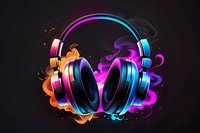 Vibrant headphones with glowing orange and purple smoke effects on black background, modern digital art style for music and audio concepts.