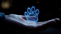 Glowing blue holographic paw print floating above open palm against dark background, representing pet care technology and veterinary innovation.