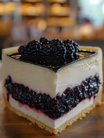 Creamy cheesecake slice with dark berry compote layer and topping on buttery cookie crust, served on wooden surface against blurred cafe background.