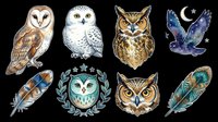 Owl sticker set with barn owl, snowy owl, great horned owl, night owl, feathers and laurel emblem, isolated on transparent background, for clipart and t-shirt design.