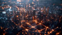 Glowing orange network grid connecting illuminated skyscrapers in modern metropolis at night, aerial view of futuristic cityscape with digital connectivity lines.