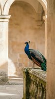 Majestic peacock perched on stone balustrade in historic architecture courtyard with arched columns creating elegant natural wildlife scene.