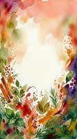 Watercolor botanical frame with vibrant autumn foliage, herbs, and splashes in warm tones surrounding white negative space for text or design placement.
