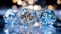 Translucent blue polyhedral dice with gold numbers on reflective surface against blurred bokeh lights background, creating magical gaming atmosphere.