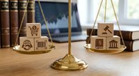 Golden scales of justice balancing commerce symbols with legal icons on wooden desk in law office representing business law and commercial litigation.