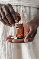 African American hands holding amber glass bottle with white pills and supplements, natural medicine concept against light fabric background.