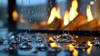 Dramatic water drops on dark surface with glowing fire flames in background creating atmospheric bokeh effect and reflection. Macro photography of liquid.