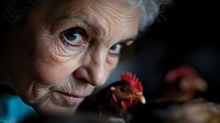 Close up portrait of elderly woman with white hair and wrinkled face looking at red rooster in dark atmospheric setting, showing connection between human and animal.