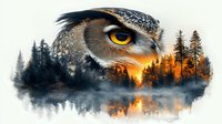 Dramatic owl portrait merged with misty forest landscape at sunset, double exposure effect showing wilderness scene reflected in lake with pine trees and orange sky.