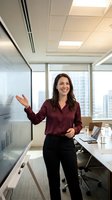 Professional businesswoman presenting in modern office conference room with city skyline view and glass walls for corporate meetings and presentations.