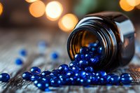 Blue medicine capsules spilling from dark glass bottle on wooden surface with soft bokeh lights in background, macro photography showing pharmaceutical details.