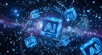 Glowing AI cubes floating in cosmic space with digital particles and nebula background for artificial intelligence technology concepts.
