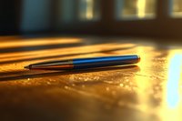 Elegant metal pen lying on wooden surface in warm golden sunlight with soft bokeh effect, creating atmospheric business or writing composition.