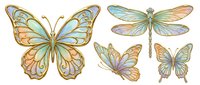 Watercolor illustration of delicate butterflies and dragonfly with pastel wings in shades of peach, blue, and green tones. Suitable for nature designs and children's artwork.