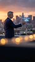 Mature Caucasian businessman in suit holding holographic justice scales against city skyline at sunset for legal technology and law firm concepts.