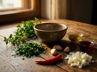 Rustic wooden bowl with fresh herbs, spices and cooking ingredients on kitchen table. Natural lighting creates warm atmosphere for culinary preparation and cooking.