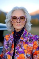 Stylish senior woman with silver hair wearing pink glitter sunglasses and vibrant floral jacket outdoors at sunset, expressing confidence and joy through genuine smile.