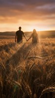 Romantic couple holding hands walking through golden wheat field at sunset with warm orange sky and dramatic clouds creating intimate countryside moment.