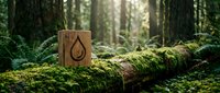 Wooden block with water drop symbol on moss-covered log in lush green forest. Environmental conservation and sustainability concept for eco-friendly projects.