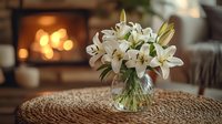 White lily bouquet in glass vase on woven mat, fireplace with warm flames glowing in background creates cozy romantic atmosphere for home decor and celebrations.