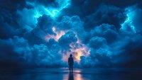 Silhouette of person standing on reflective surface against dramatic stormy sky with glowing blue clouds and pink lightning, creating surreal atmospheric scene.