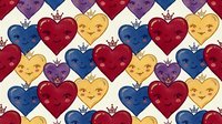 Cute cartoon hearts with crowns seamless pattern in red blue yellow purple colors. Kawaii style romantic background tiles perfectly for wallpaper and textile design.
