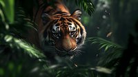 Majestic tiger peering through lush jungle foliage, intense gaze focused on prey as sunlight filters through dense vegetation.